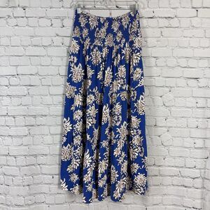 ME+EM Tiered Smocked Cotton Maxi Skirt Women US 8 Blue Floral Boho Cottagecore
